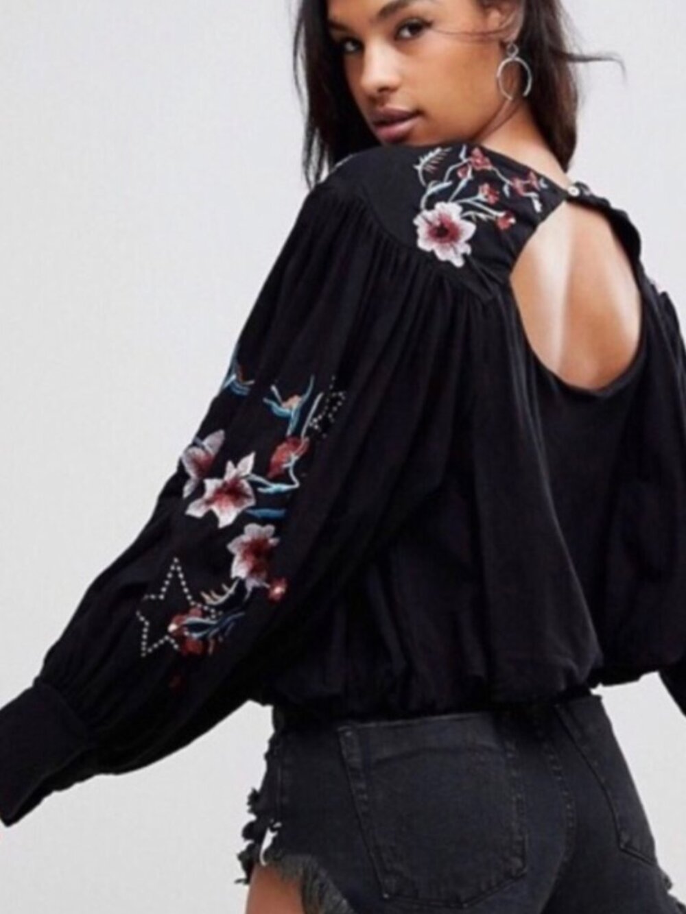 Free People Black Floral Embroidered Open-Back Blouse